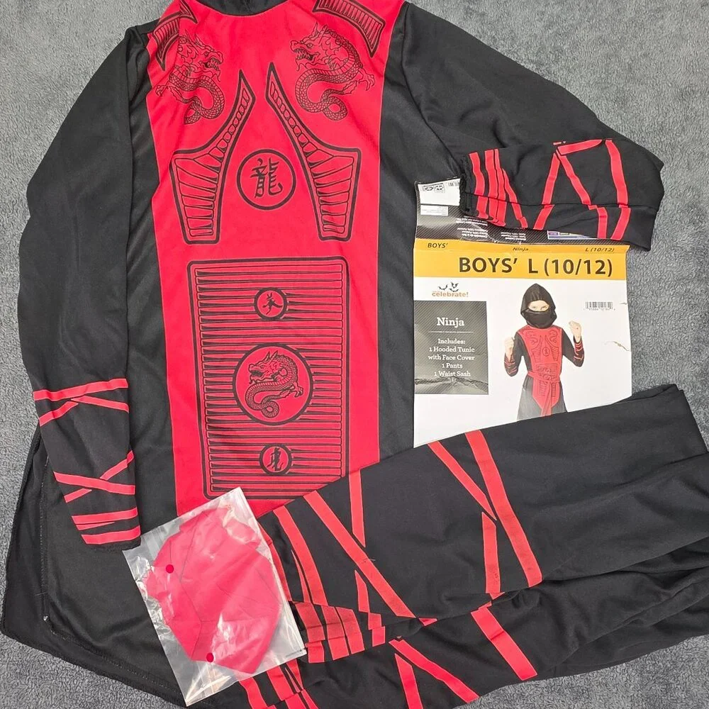 Boys Ninja Costume L 10/12 Red Black 3pc Set NWT - Opened